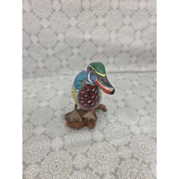 Colorful Wooden Duck Bird Figurine Sculpture Wood Duck Decoy Rustic Decor - Picture 2 of 8